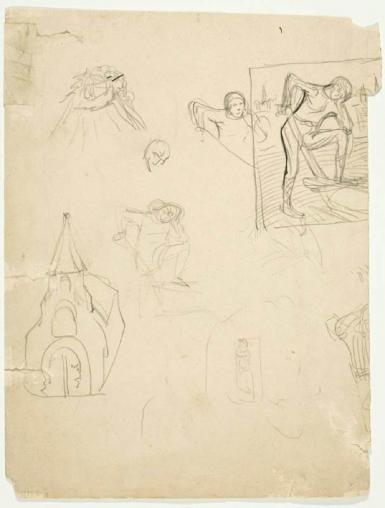 Sketches of a Ploughing Farmer and a Village Church (recto: Sketch with Figure Studies)